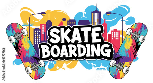 Vector art wallpaper background of skateboards with colorful paint designs and bold typography against an urban city skyline, symbolizing street culture, freestyle energy, and modern youth lifestyle