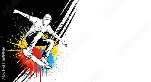 Vector art wallpaper background of a skateboarder performing a jump with abstract paint splatter and grunge strokes, symbolizing street culture, freestyle energy, creativity, and urban lifestyle