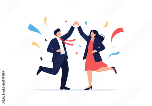 Two people celebrating success with confetti falling around them