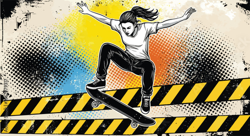 Vector art of a skateboarder performing a jump over caution tape with grunge halftone background, symbolizing street style, extreme sport, energy, and rebellious urban youth culture