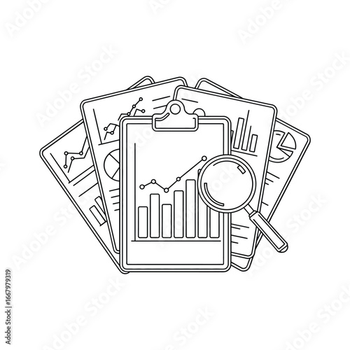 Hand drawn sketch of a clipboard with a bar graph and magnifying glass over financial reports