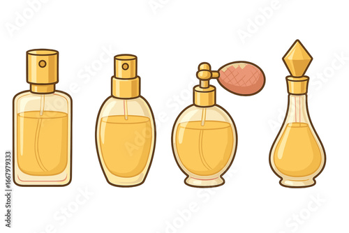 Set of cartoon perfume bottles with gold details. Fragrance spray, vintage atomizer, and luxury flacon. Elegant cosmetic product container collection. Vector illustration.