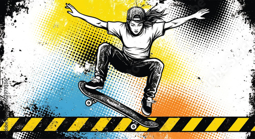 Vector art of a skateboarder performing a jump over caution tape with grunge halftone background, symbolizing street style, extreme sport, energy, and rebellious urban youth culture