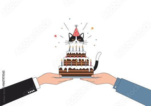 Happy birthday cat enjoying cake with friends celebrating joyful moments