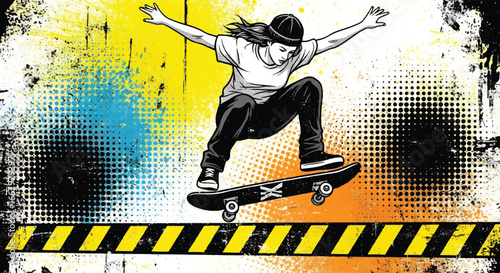 Vector art of a skateboarder performing a jump over caution tape with grunge halftone background, symbolizing street style, extreme sport, energy, and rebellious urban youth culture
