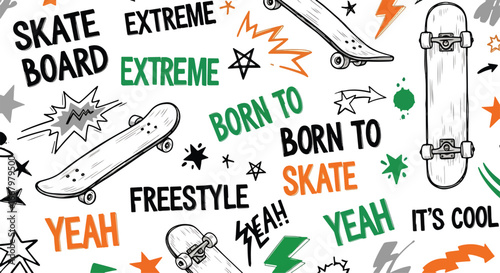 Vector art seamless pattern with skateboards, graffiti-style text, stars, and lightning bolts, representing street culture, freestyle energy, urban sport, and modern youth lifestyle