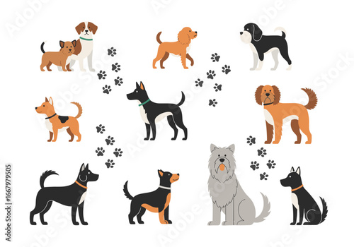 A collection of diverse canine companions showing various poses and breeds