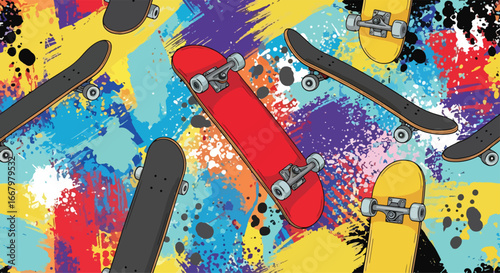 Vector art pattern of skateboards with bold deck designs over colorful paint splatter background, symbolizing street culture, creativity, freestyle energy, and modern youth lifestyle