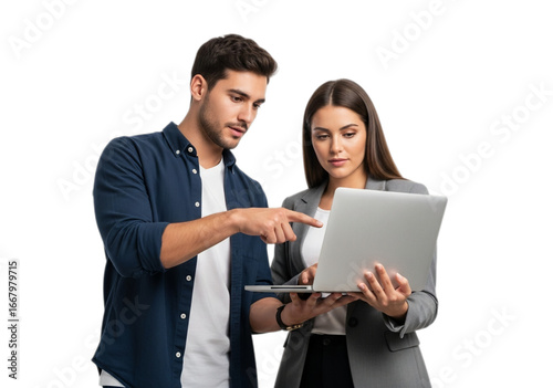 Photo of focused business colleagues using laptop isolated on transparent background