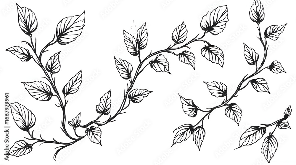 Fototapeta premium Sketch of Branches with Leaves Outlined in Black and White