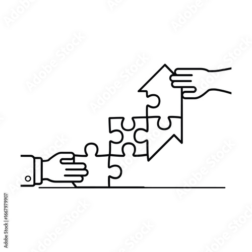 Hands assembling a house shape from puzzle pieces symbolizing teamwork and construction