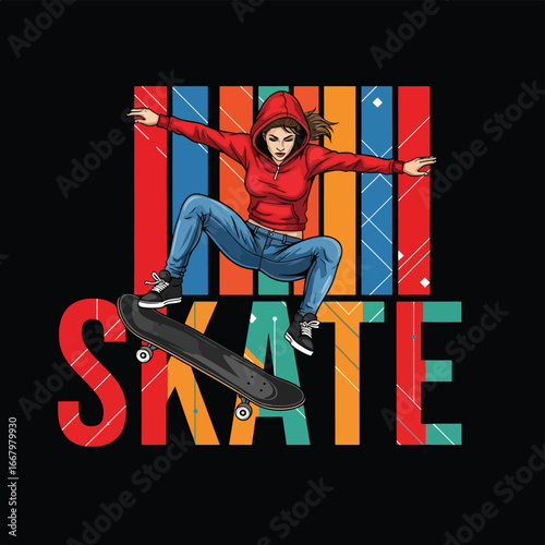 Vector art of a female skateboarder performing a jump with bold geometric shapes and modern typography, symbolizing energy, style, urban sport, and dynamic youth lifestyle