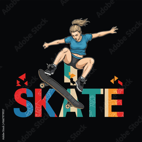 Vector art of a female skateboarder performing a jump with bold geometric shapes and modern typography, symbolizing energy, style, urban sport, and dynamic youth lifestyle