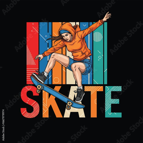 Vector art of a female skateboarder performing a jump with bold geometric shapes and modern typography, symbolizing energy, style, urban sport, and dynamic youth lifestyle