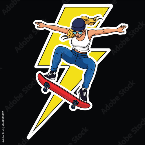 Vector art of a skateboarder in dynamic jump pose with a bold lightning bolt background, symbolizing energy, power, urban sport, adventure, and modern street culture.