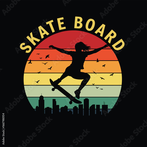 Vector art of a female skateboarder silhouette performing a jump with city skyline, flying birds, and retro sunset, symbolizing adventure, freedom, urban lifestyle, and modern skate culture