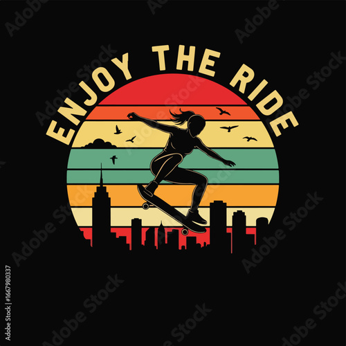 Vector art of a female skateboarder silhouette performing a jump with city skyline, flying birds, and retro sunset, symbolizing adventure, freedom, urban lifestyle, and modern skate culture
