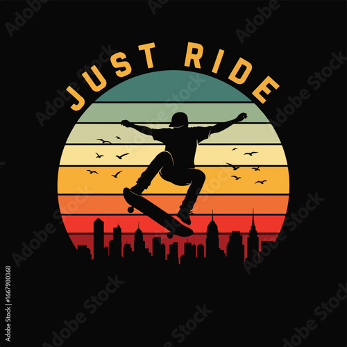 Vector art of a skateboarder silhouette performing a trick against a retro sunset with city skyline and flying birds, symbolizing freedom, urban lifestyle, adventure, and skate culture