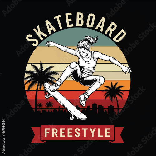 Vector art of a female skateboarder performing a freestyle trick with palm trees and city skyline, retro sunset background, symbolizing urban lifestyle, sport, freedom, and youth culture