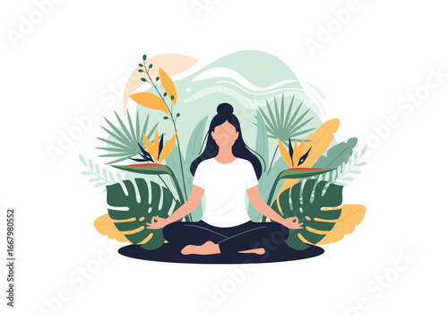 Woman practicing yoga meditation surrounded by lush tropical foliage and abstract shapes
