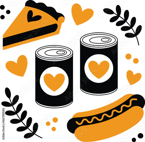 Whimsical Food Icons: Pie, Hot Dog, Canned Goods, and Hearts