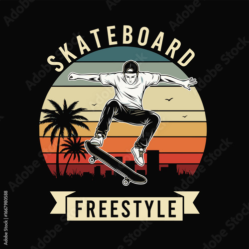 Vector art of a male skateboarder performing a freestyle trick with palm trees and city skyline at sunset, representing urban sport, adventure, energy, and modern youth lifestyle