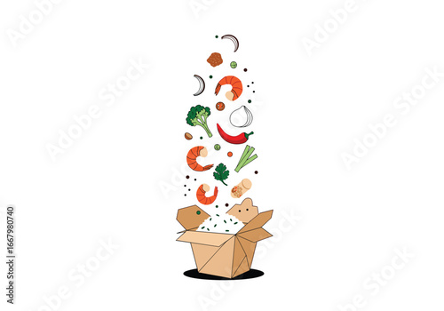Explosion of fresh ingredients bursting from a cardboard takeout container illustration