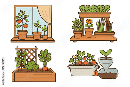 Gardening set vector illustration. Urban garden concept. Growing vegetables on balcony, windowsill. Raised bed, container gardening. Homegrown tomato, strawberry, carrot.