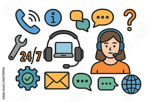 Customer support concept with icons. Call center operator with headset. Contact us, 24/7 service, helpdesk, and online assistance elements. Vector cartoon set for communication.