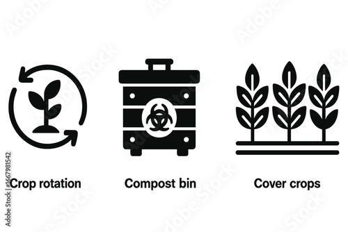 Sustainable farming practices solid icon set. Vector glyph symbols of crop rotation, cover crops, compost bin. Agriculture, ecology, conservation graphics for organic farm.