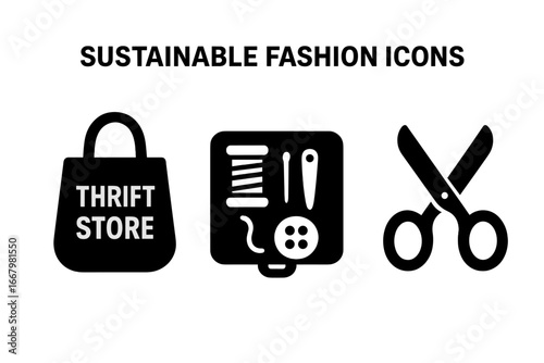 Sustainable fashion glyph icon set. Conscious consumption, slow fashion, circular economy symbols. Thrift store bag, mending kit, scissors for repair and reuse concept vector.