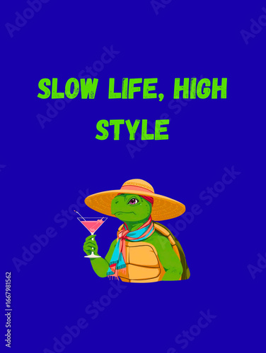 Cartoon Turtle with Cocktail and Text 