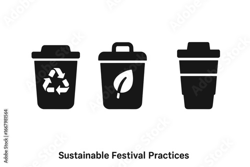 Eco-friendly festival icons. Solid fill vector graphic set with recycling bin, compost bin, and reusable cup. Sustainable event waste management and zero waste lifestyle concept.