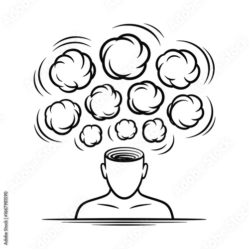 Abstract illustration of a person s head with swirling thoughts and ideas emanating upwards
