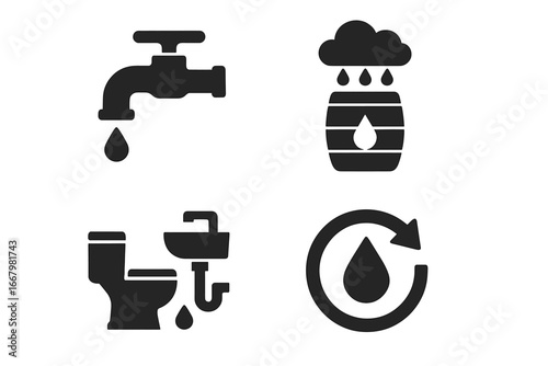 Sustainable water management icon set. Water conservation, saving, and recycling symbols. Low-flow faucet, rainwater harvesting barrel, and greywater reuse system vector icons.