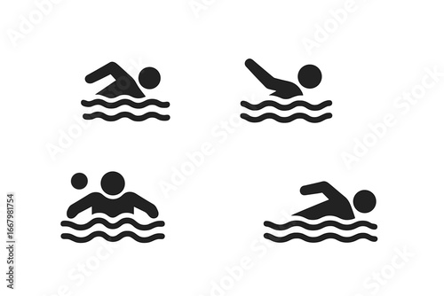 Swimming stroke solid icon set. Swimmer silhouette pictogram collection. Freestyle, crawl, backstroke, breaststroke swim style. Water sport competition vector symbols isolated.