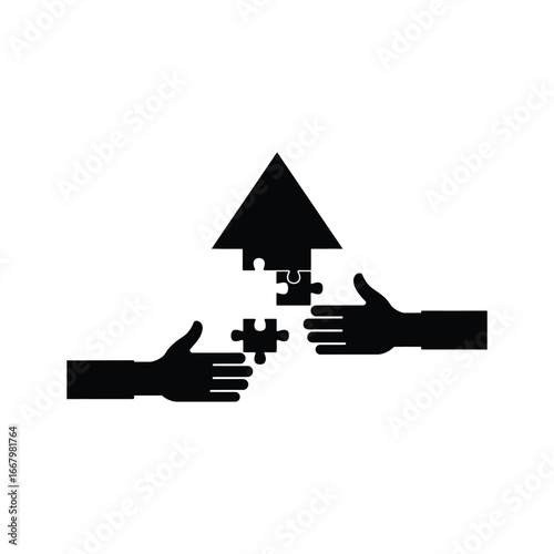 Two hands connecting puzzle pieces to form an upward arrow symbolizing teamwork and progress