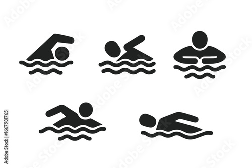 Swimming strokes vector icons. Solid glyph symbols of swimmer actions. Freestyle, crawl, backstroke, breaststroke, butterfly, sidestroke. Water sport training pictograms.