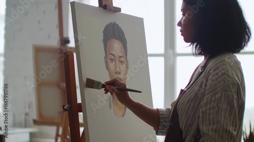 A person paints a portrait on an easel in a bright studio