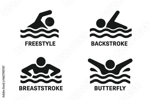 Swimming styles icon set. Competitive swim strokes: freestyle, backstroke, breaststroke, butterfly. Water sport pictogram. Athlete silhouette in water. Vector illustration.