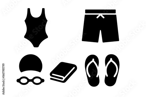 Swimming accessories vector icon set. Solid glyph silhouette style. Swimwear for summer vacation, beach, and pool. Includes swimsuit, swim trunks, goggles, cap, towel, flip flops.