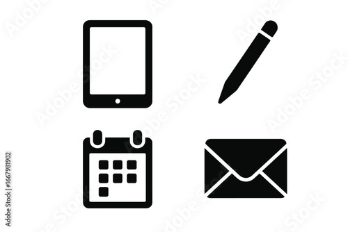 Business and productivity glyph icon set. Tablet device, stylus pen, calendar, and email symbols. Digital work, communication, planning, and organization concept icons.