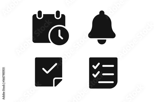 Task management solid icon set. Vector glyph pictograms for project planning, scheduling, and deadlines. Calendar with clock, reminder bell, checklist, and to-do list symbols.