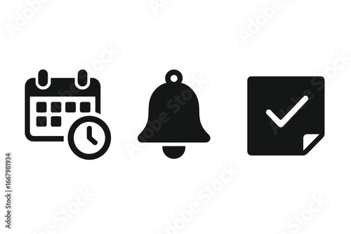 Task management icon set. Solid glyph icons for project management, scheduling, and deadlines. Calendar with clock, reminder bell, and completed task check mark vector icons.