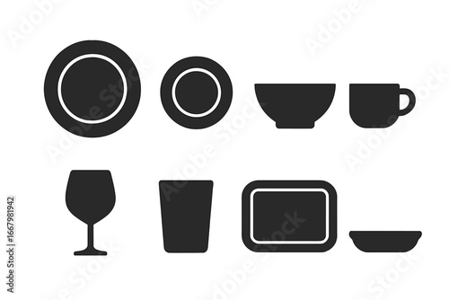 Tableware icon set. Solid glyph collection of kitchen and dining elements. Vector silhouette of plate, bowl, cup, glass, and tray for restaurant menu or food app design.