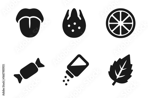 Taste senses solid glyph icon set. Tongue, taste bud, sweet candy, sour lemon, salty, and bitter flavor symbols. Food taste collection. Vector flat minimal illustration.