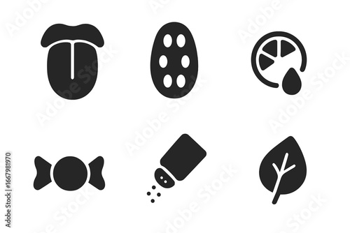 Solid glyph icon set of the five basic tastes. Includes sweet candy, sour lemon, salty shaker, bitter leaf, and umami symbols. Tongue and taste bud sensory illustrations.