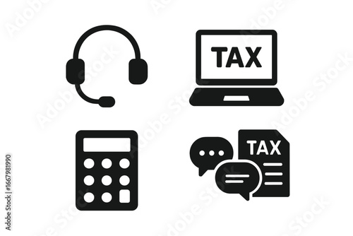 Tax advisor icon set for financial consulting. Vector glyphs for accounting, online tax service, support, and declaration. Includes calculator, laptop, and headset symbols.