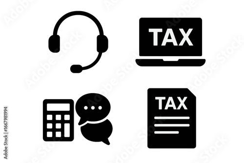 Tax advisor solid glyph icon set. Vector collection for finance, accounting, and tax consultation service. Includes headset, laptop, tax form, calculator and chat bubble.