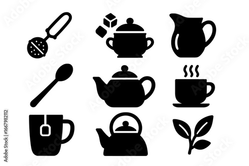 Tea icons set. Solid glyph collection for tea time and accessories. Vector illustration of teapot, cup, kettle, milk jug, sugar bowl, spoon, infuser, and tea leaves.